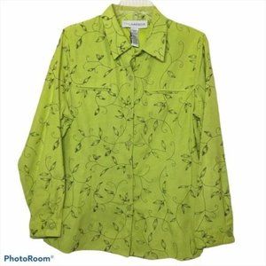 Sag Harbor Lime Green Button-Up Shirt with Floral Vine Print Size 14